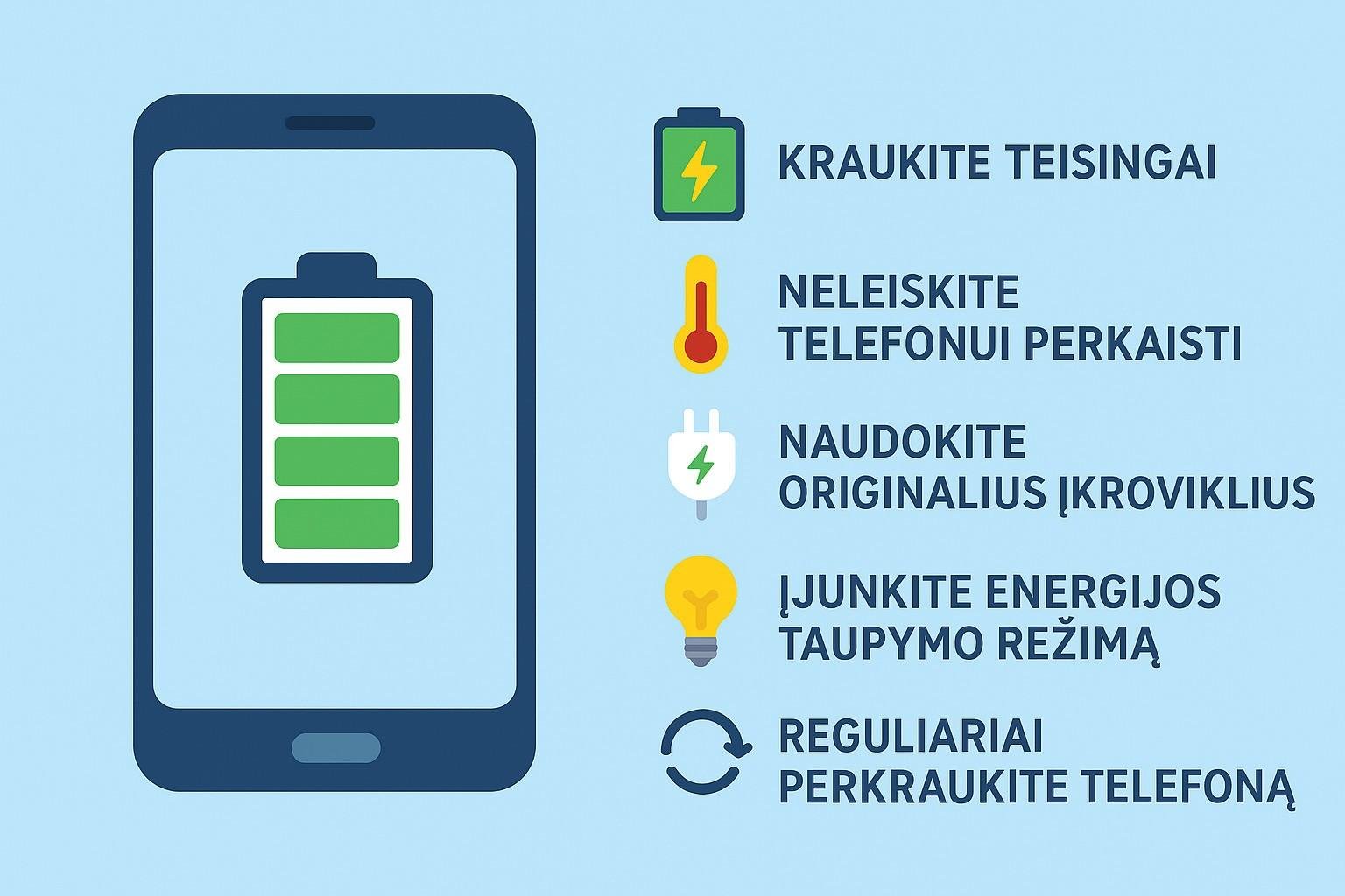 Kaip tinkamai prižiūrėti mobiliojo bateriją